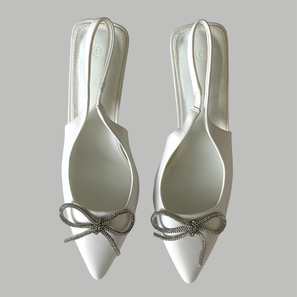 Women’s White Embellished Rhinestone Bow Heels